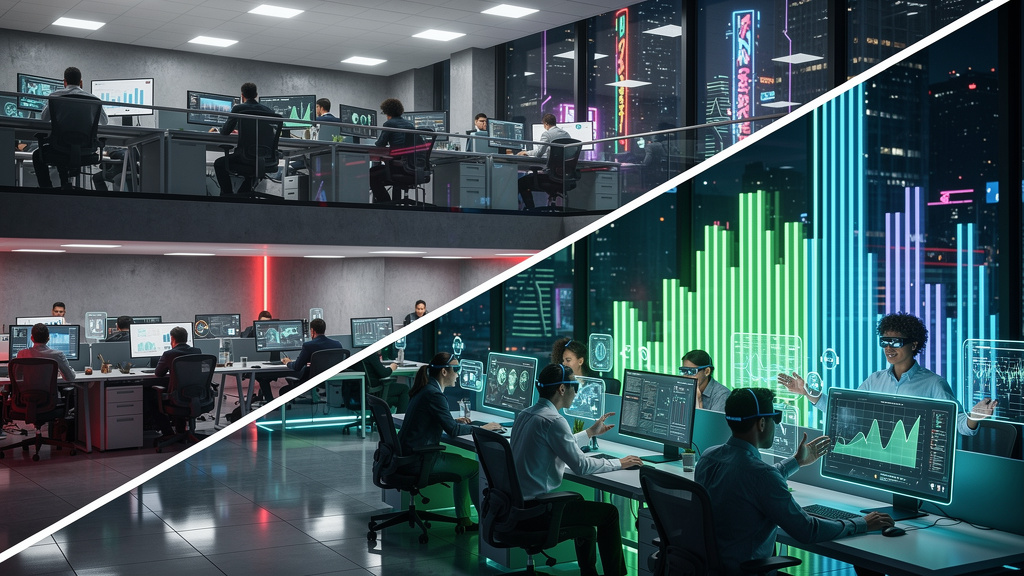 O futuro da IA na educação corporativa em 2026: 7 tendências — Um infográfico dividido em duas partes para um carrossel do Instagram. Parte superior: Um gráfico de barras mostrando a baixa participaçã