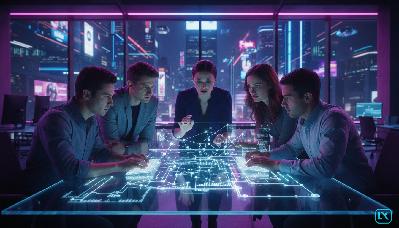 O Futuro da IA Open Source e o Impacto nas Empresas — Um grupo diversificado de desenvolvedores colaborando em um projeto de IA open source. Eles estão reunidos em torno de uma grande tela interativa 