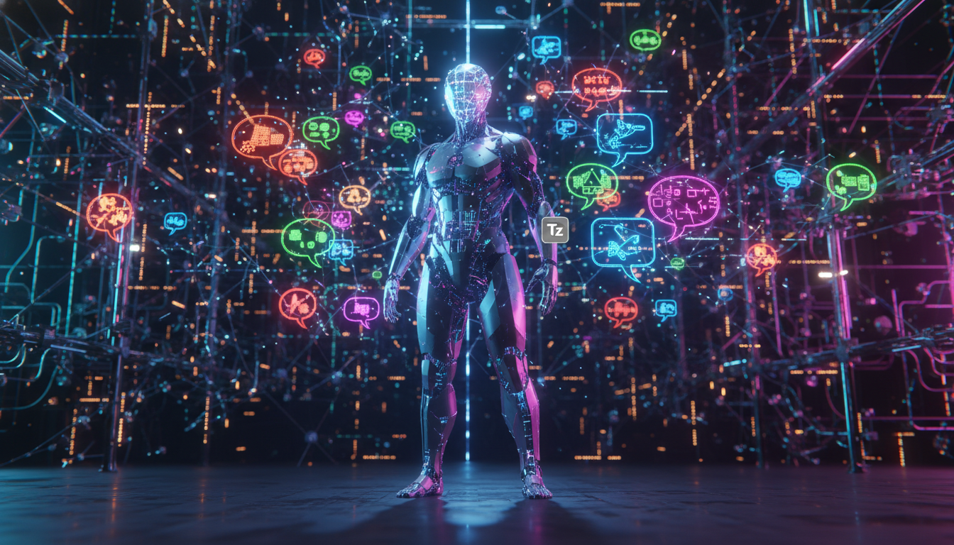 O futuro da IA social media em 2026 — Um agente de IA, representado como uma figura humanoide estilizada, monitorando um fluxo constante de conversas em redes sociais. Balões de fala flutuam ao redor 
