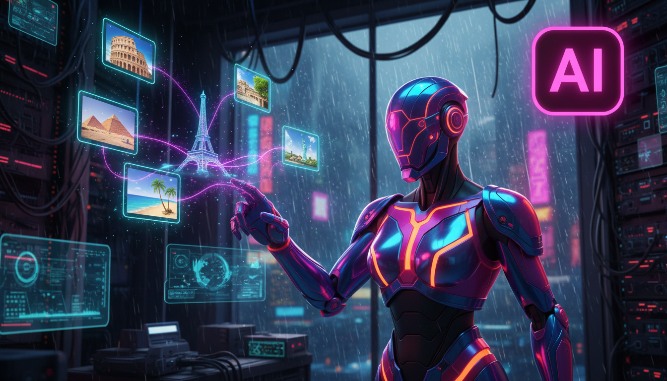 O guia completo de automação de marketing no Instagram para turismo — Um agente de IA estilizado, com design moderno e cores vibrantes, interagindo com miniaturas de fotos de destinos turísticos famos