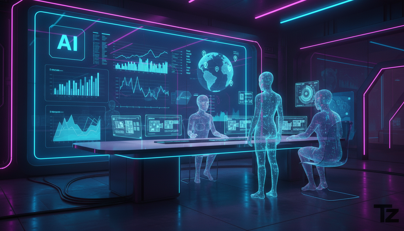 O guia completo de Automação Instagram para Imobiliárias em 2026 — Um escritório de marketing imobiliário em 2026. Agentes de IA holográficos atendem clientes virtuais que aparecem como projeções nas 