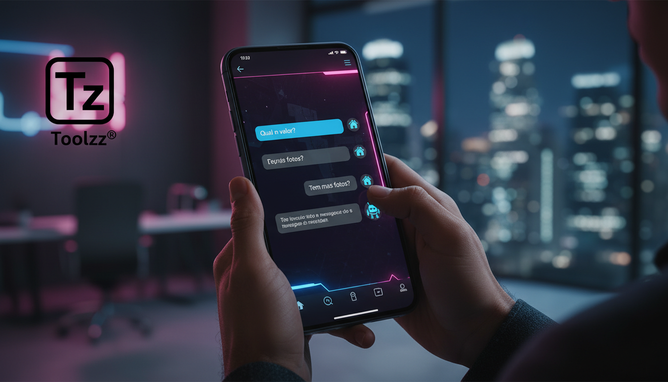 O guia completo de Automação no Instagram para Imobiliárias — Close-up das mãos de um agente imobiliário usando um smartphone. A tela exibe uma interface limpa e intuitiva da Toolzz, mostrando um flux