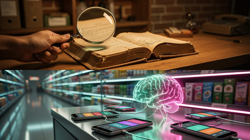 O guia completo de GEO para Varejo em 2026 — Um diagrama que ilustra a evolução do SEO tradicional para o GEO. No lado esquerdo, uma lupa examinando palavras-chave em um livro antigo. No lado direito,