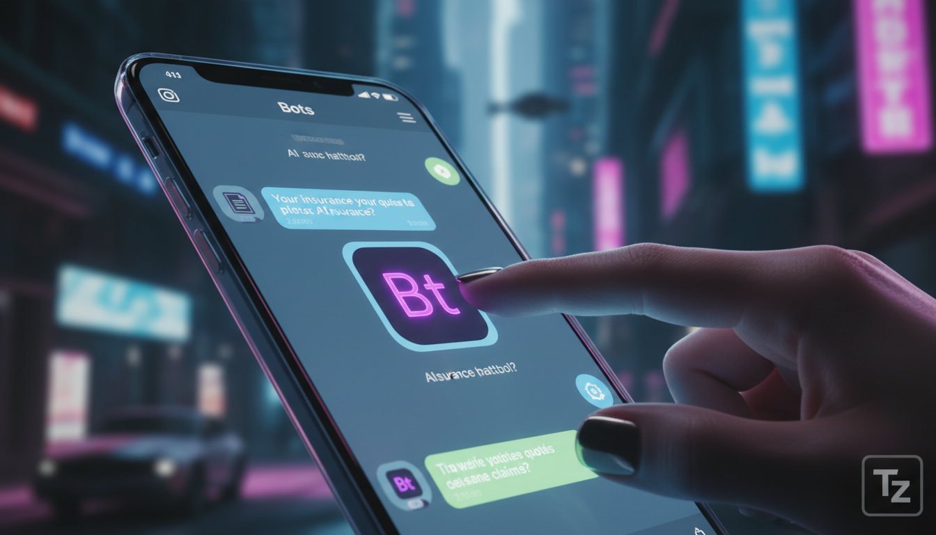 O guia completo de vendas no Instagram com IA para seguros — Close-up em um smartphone mostrando um chatbot da Toolzz respondendo instantaneamente a perguntas sobre seguros no Instagram. O balão de co