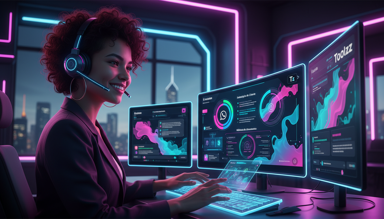 O impacto da automação de marketing no mercado brasileiro — Uma pessoa sorrindo, usando um headset, gerenciando múltiplas conversas em um painel omnichannel que integra Instagram, WhatsApp e outras re