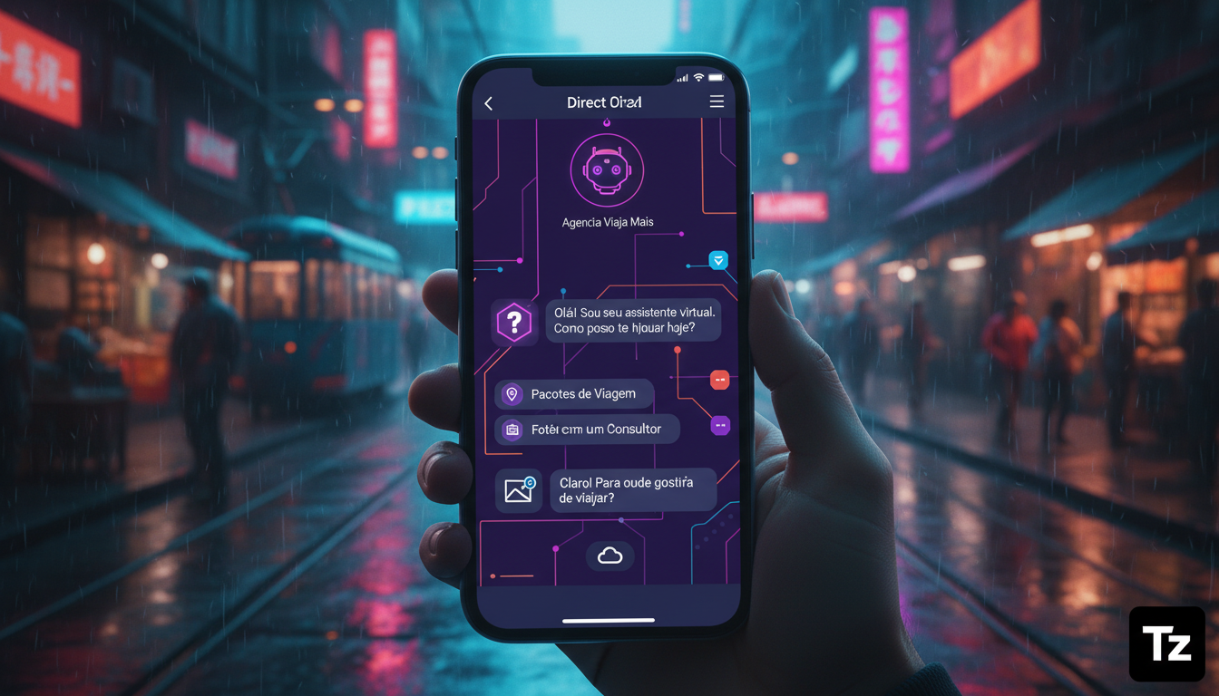 O impacto da automação Instagram no mercado brasileiro — Uma tela de smartphone mostrando uma conversa de Instagram Direct entre um cliente e um chatbot de uma agência de viagens. O chatbot responde i