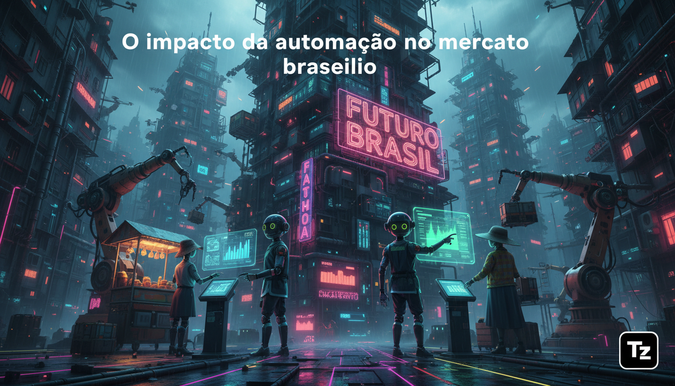 O impacto da automação no mercado brasileiro — Um diagrama infográfico dividido em duas partes para carrossel no Instagram. Parte superior: Uma tela de smartphone mostrando a interface do Toolzz com o