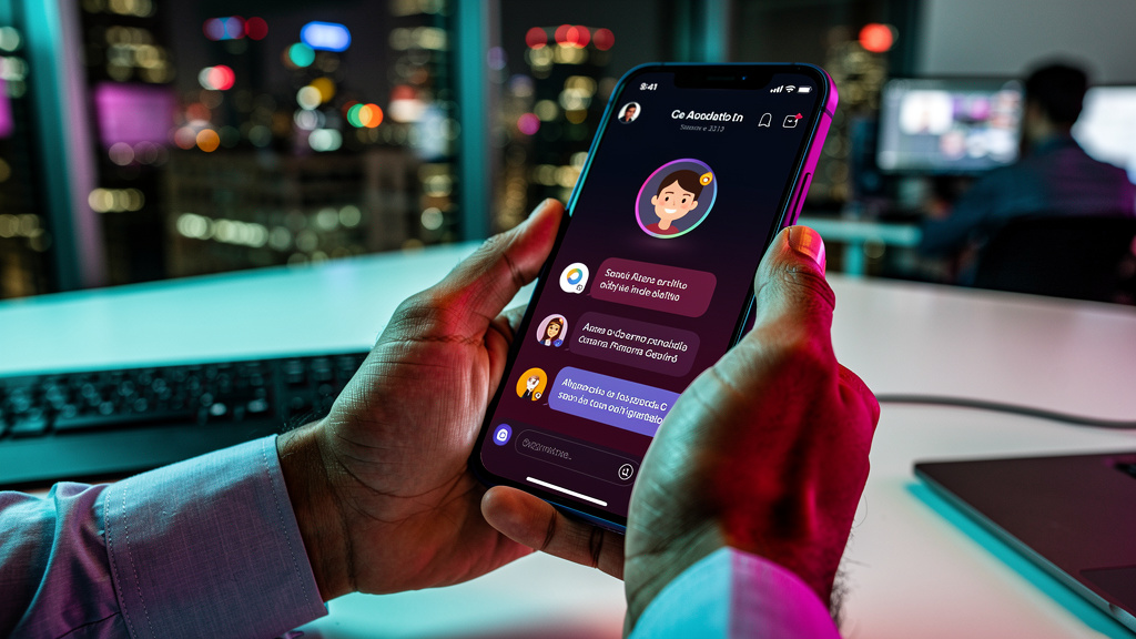 O impacto da IA na educação corporativa brasileira — Um close-up das mãos de um funcionário segurando um smartphone. Na tela, um chatbot de IA da Toolzz está respondendo a uma pergunta sobre um novo s