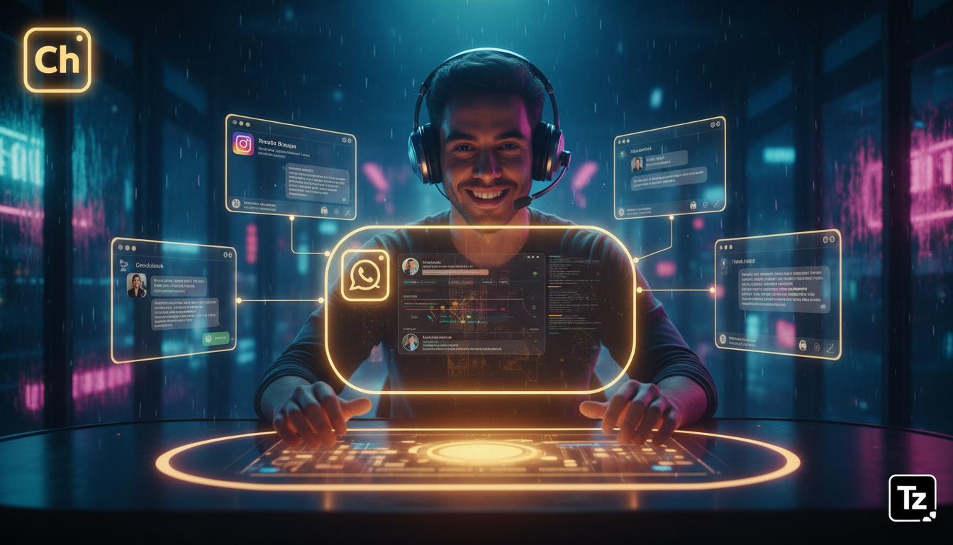 O impacto da IA no mercado brasileiro — Um atendente de suporte ao cliente, usando fones de ouvido, sorri enquanto interage com várias telas mostrando diferentes canais de comunicação (Instagram Direc