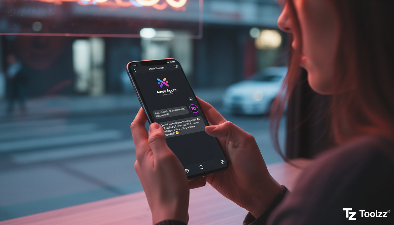 O impacto da IA para Instagram Business no mercado brasileiro — Close-up das mãos de uma usuária navegando no Instagram Business em seu smartphone. A tela exibe uma conversa com um chatbot da Toolzz r