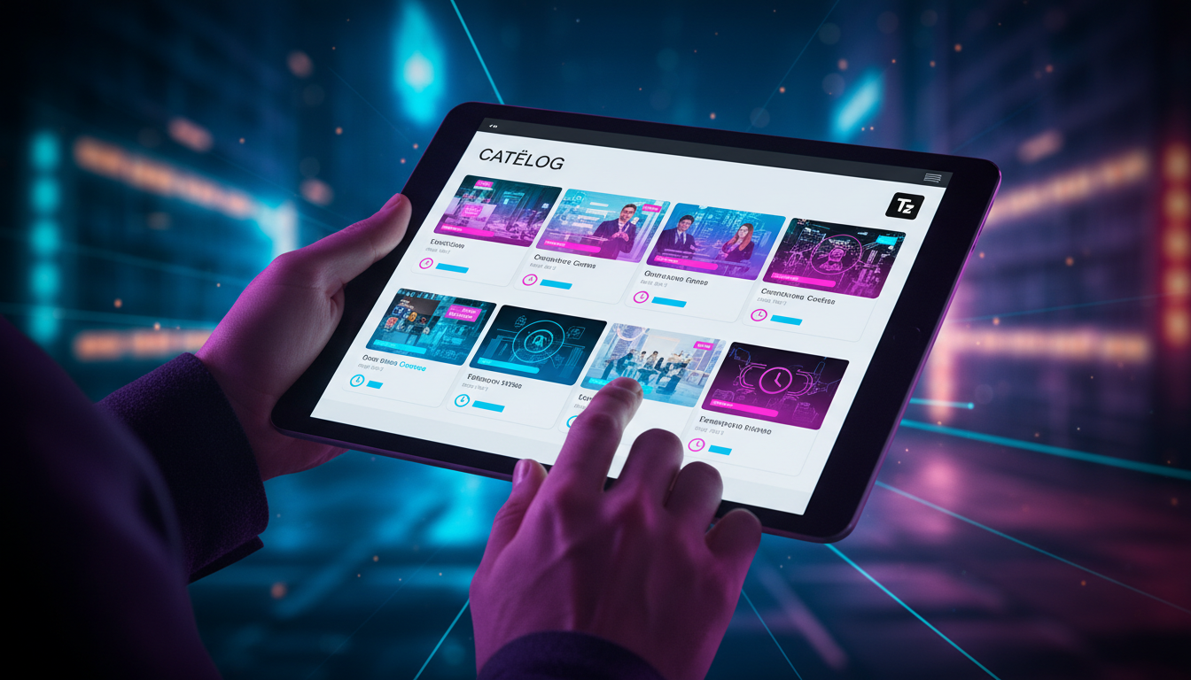 O impacto da venda de cursos no mercado brasileiro — Um close-up das mãos de uma pessoa utilizando um tablet para acessar um catálogo de cursos online. A interface do catálogo é limpa e organizada, co