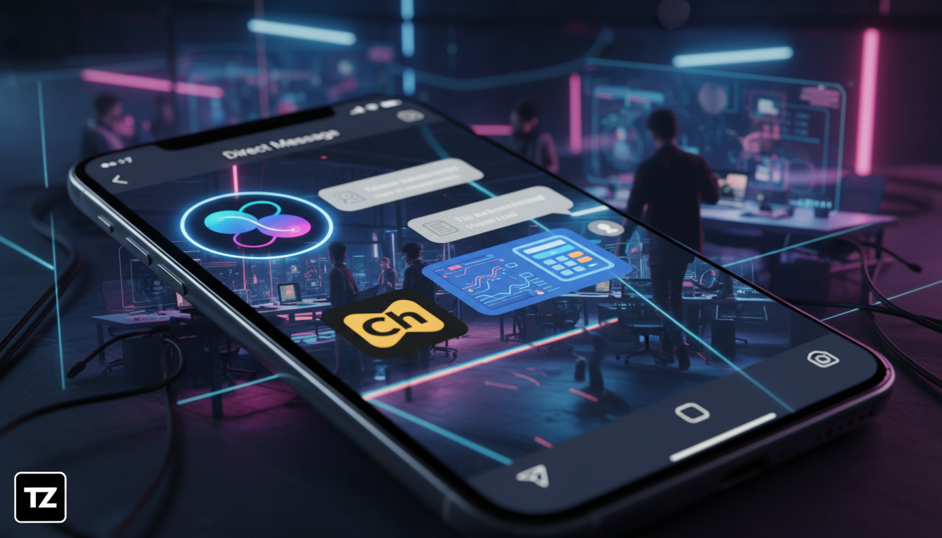 O impacto de Agentes IA no mercado brasileiro — Close-up de um smartphone exibindo uma conversa no Instagram Direct. Um chatbot com o avatar da Toolzz está respondendo a perguntas de um cliente sobre 