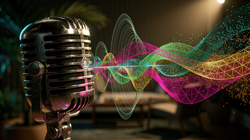 O impacto de Voice AI no mercado brasileiro — Um close-up das ondas sonoras saindo de um microfone antigo, evoluindo gradualmente para formas digitais complexas e coloridas, representando a evolução d