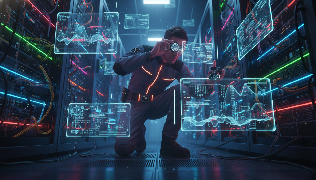 O Mecânico de Software: A Essencial Manutenção da Inteligência Artificial — Um mecânico de software (homem), vestindo um macacão de trabalho moderno, examina um labirinto de servidores e placas de cir