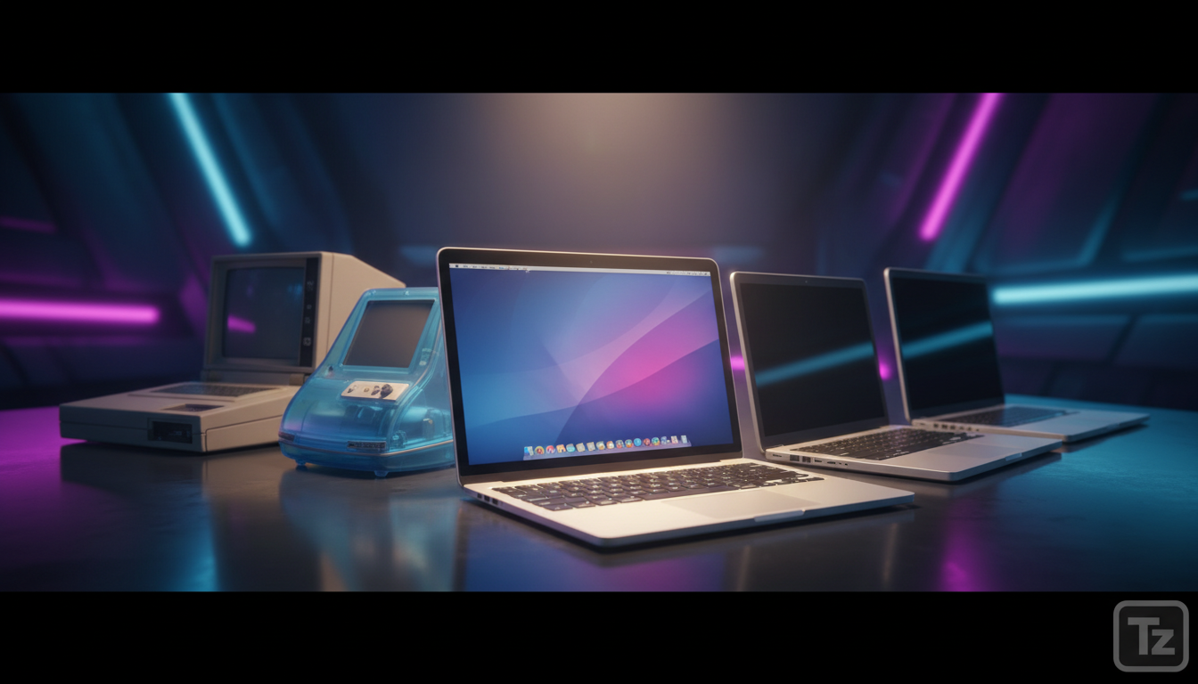 O Melhor Laptop Apple Já Criado: Uma Análise Histórica — A photographic montage showing the evolution of Apple laptops, from the bulky Macintosh Portable to the sleek MacBook Air. The MacBook Air 11-i