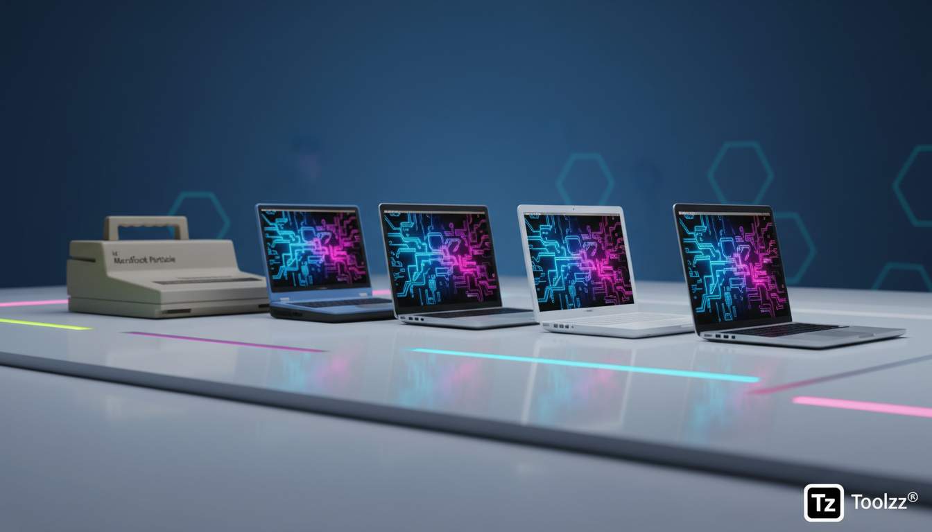 O Melhor Laptop Apple Já Criado: Uma Análise Histórica — Fotografia em estúdio, estilo 'still life', mostrando uma linha do tempo dos laptops Apple, desde o Macintosh Portable até o MacBook Air de 11 