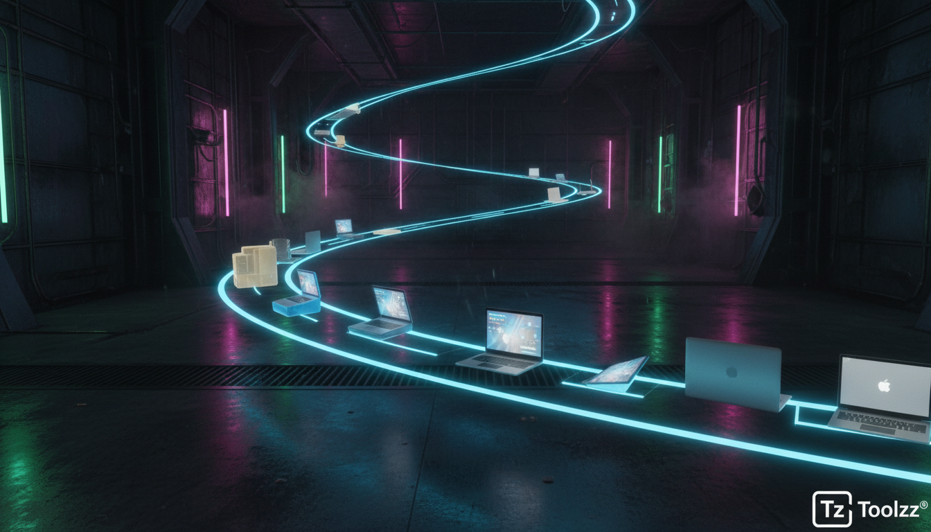 O Melhor Laptop Apple Já Criado: Uma Análise Histórica — Linha do tempo ilustrada mostrando a evolução dos MacBooks, desde o Macintosh Portable até os MacBooks M-series. Cada modelo deve ser represent