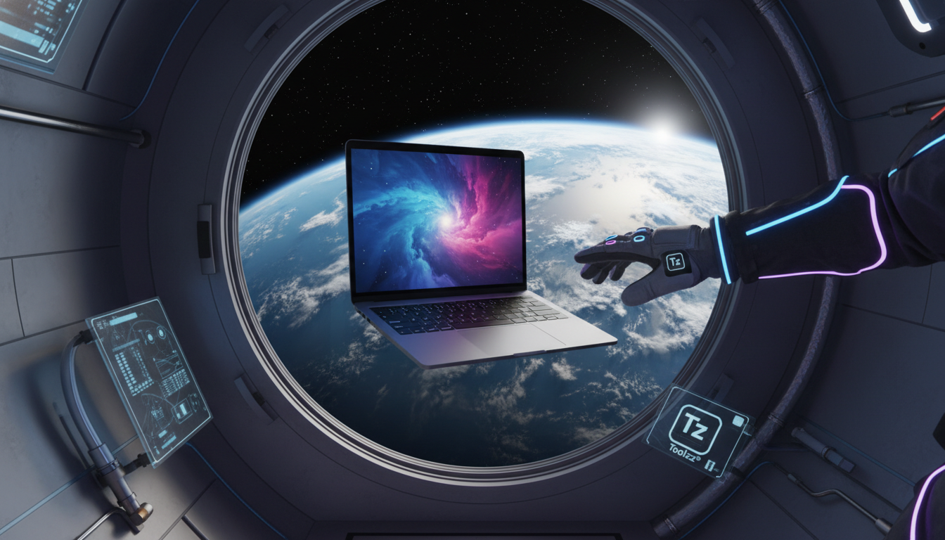 O Melhor Laptop da Apple de Todos os Tempos — Um MacBook Air de 11 polegadas flutuando em gravidade zero em frente a uma janela de nave espacial que mostra a Terra. Uma mão vestindo uma luva espacial 