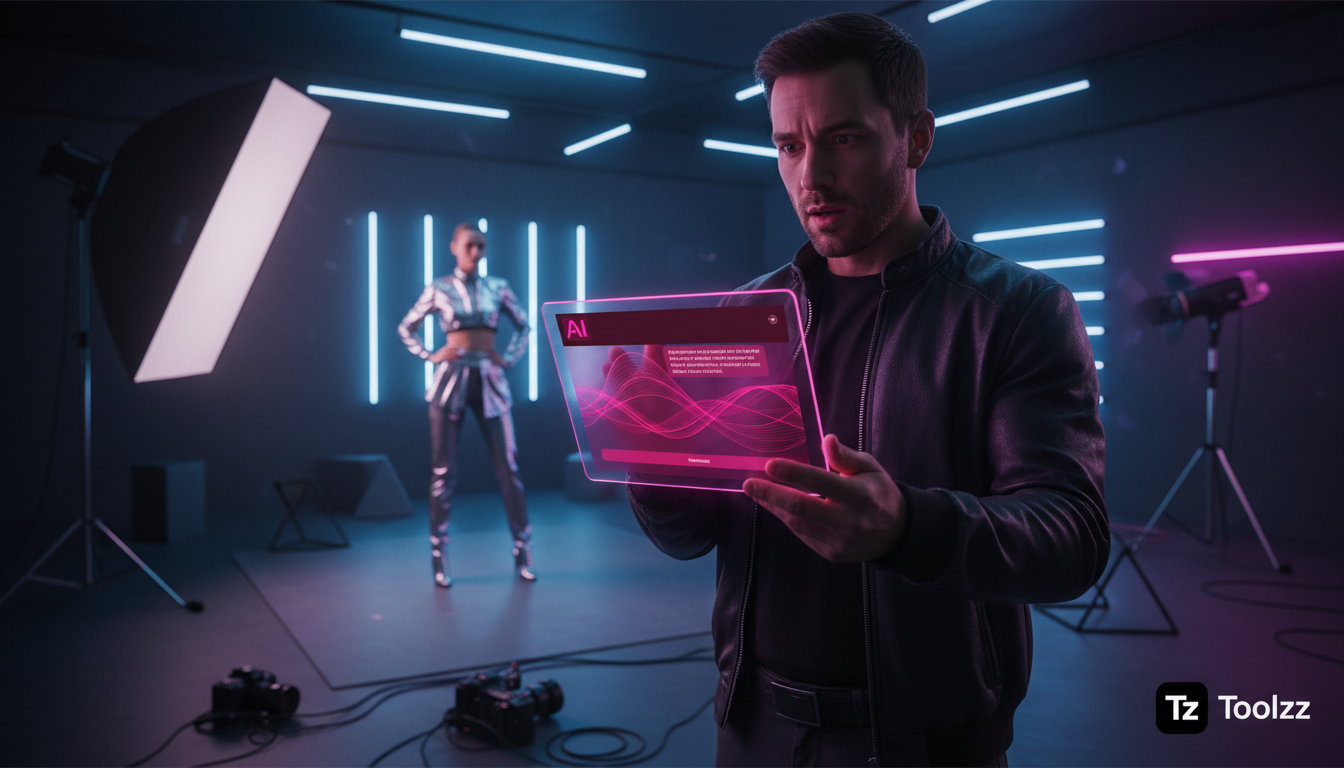 O papel da automação Instagram na transformação digital — Um fotógrafo de moda no meio de um ensaio fotográfico em um estúdio moderno e minimalista. Ele está olhando para um tablet onde um chatbot da 