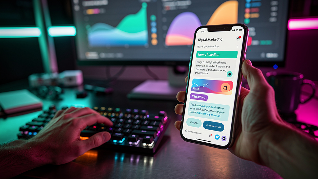 O papel da IA na transformação digital — Uma mão estendida segurando um smartphone que exibe uma interface de usuário do Agente AI de Blog da Toolzz. O aplicativo mostra a geração automatizada de um p