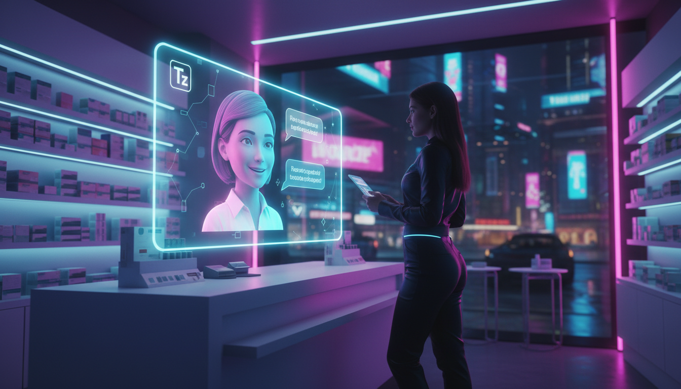 O papel da IA na transformação digital do Instagram — Um balcão de farmácia moderno, com uma tela holográfica exibindo um chatbot de IA atendendo um cliente virtualmente. A tela projeta um avatar amig