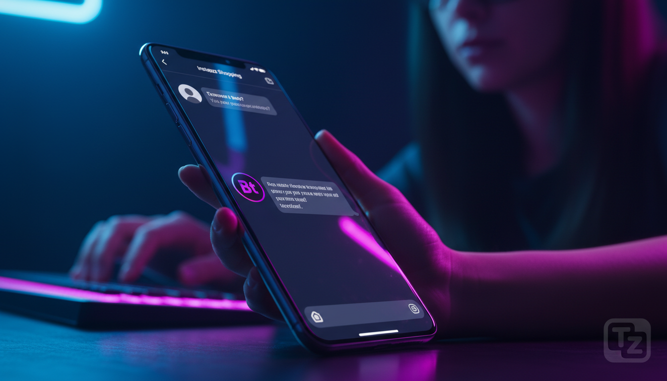 O papel da IA na transformação digital do Instagram Commerce em 2026 — Close-up em um smartphone mostrando uma conversa de Instagram Shopping. Um chatbot da Toolzz responde instantaneamente a uma perg