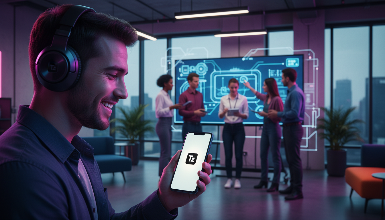 O papel de Pílulas de Conteúdo na transformação digital — Um colaborador em um escritório moderno, usando fones de ouvido, sorri enquanto assiste a um vídeo curto (pílula de conteúdo) em seu smartphon