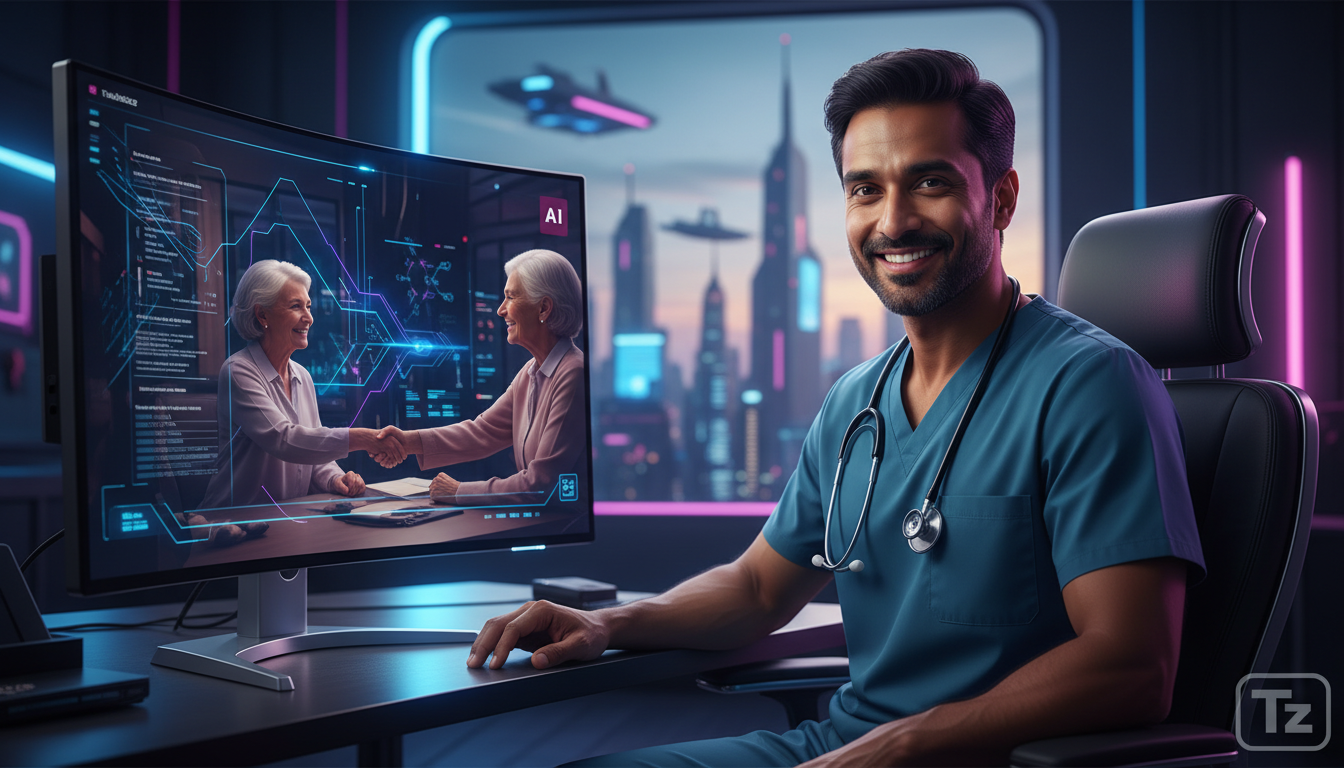 O Que as Pessoas Realmente Esperam da Inteligência Artificial — Um profissional de saúde sorrindo, sentado em frente a um computador com uma interface de IA que simplifica a documentação do paciente. 