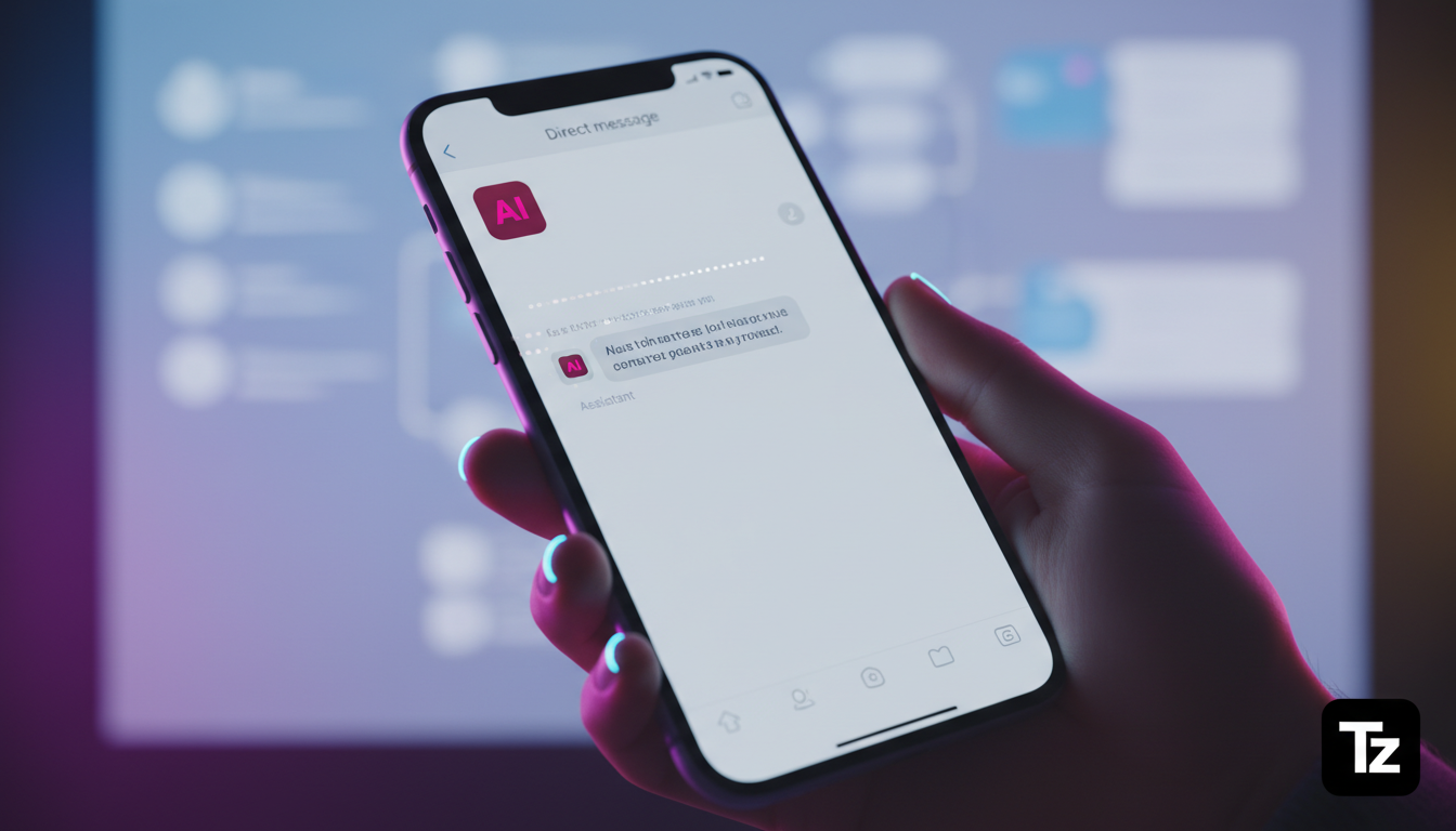 O que dizem os especialistas sobre Agentes de IA em Redes Sociais? — Um close-up de um smartphone mostrando uma conversa no Instagram Direct. Um agente de IA da Toolzz responde rapidamente a uma pergu