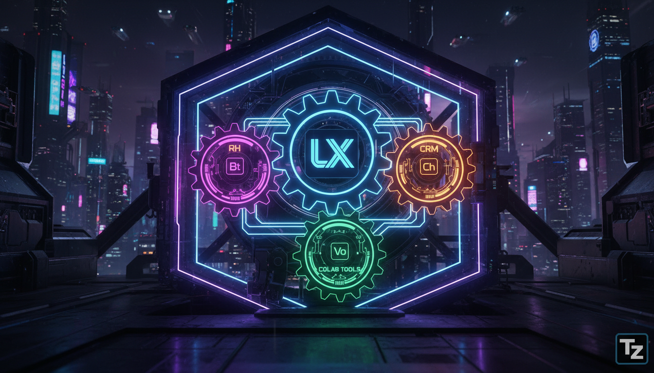 O que dizem os especialistas sobre API Aberta em LXP? — Ilustração digital mostrando uma engrenagem central (LXP) conectada a várias outras engrenagens menores (RH, CRM, Ferramentas de Colaboração). A