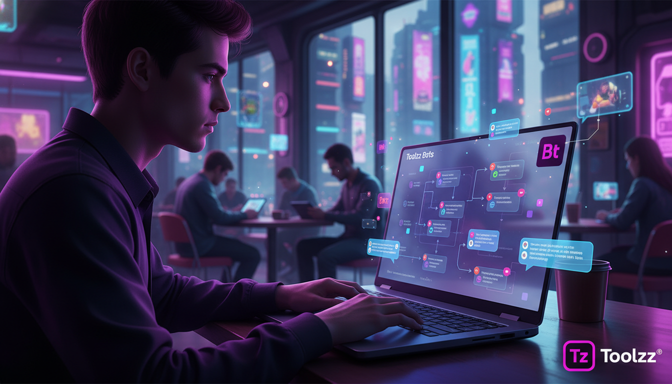 O que dizem os especialistas sobre Automação da API do Instagram em 2026 — Uma pessoa digitando em um laptop em um café movimentado. A tela do laptop mostra a interface da Toolzz Bots, exibindo um flu