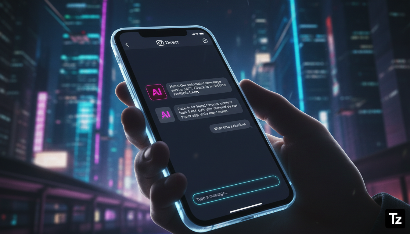 O que dizem os especialistas sobre Automação Instagram em 2026 — Close-up de um smartphone mostrando uma conversa em tempo real no Direct do Instagram. Um agente de IA da Toolzz responde a uma pergunt