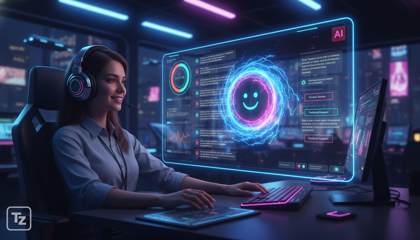 O que dizem os especialistas sobre IA para Instagram Business em 2026 — Um atendente de suporte ao cliente, com fones de ouvido, sorri enquanto observa um agente de IA (representado por uma interface 