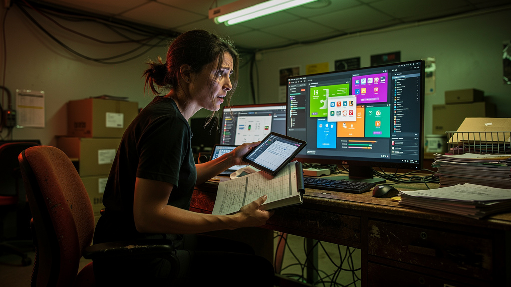 O que dizem os especialistas sobre LMS para ONGs em 2026 — Uma mulher voluntária, em um escritório de ONG com poucos recursos, tentando equilibrar vários tablets e planilhas. Uma tela de computador ao