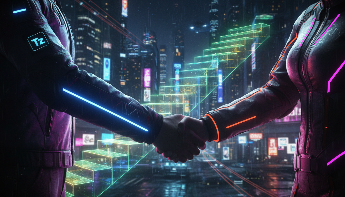 O que é Afiliados e como aplicar na Educação Corporativa — Ilustração de um aperto de mãos entre duas pessoas: um representante de uma empresa de educação corporativa e um afiliado. O fundo mostra um 