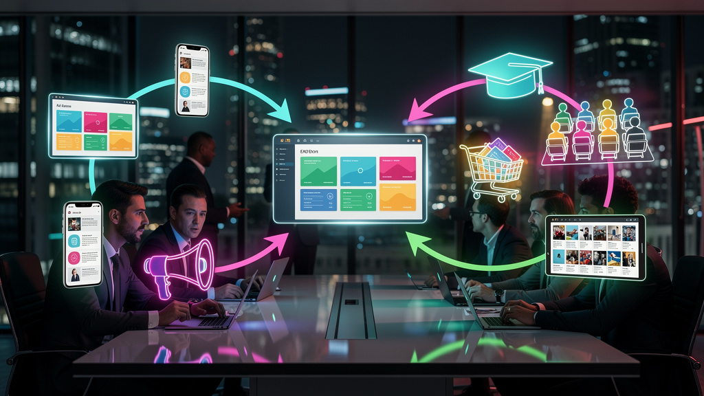 O que é Afiliados e como aplicar na Educação Corporativa — Ilustração de um diagrama de fluxo mostrando o processo de marketing de afiliados para educação corporativa. No centro, uma plataforma de EAD