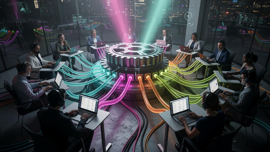 O Que é Afiliados e Como Aplicar na Educação Corporativa — Ilustração digital mostrando uma engrenagem girando, com diversas pessoas conectadas a ela através de cabos de dados. Cada pessoa representa 