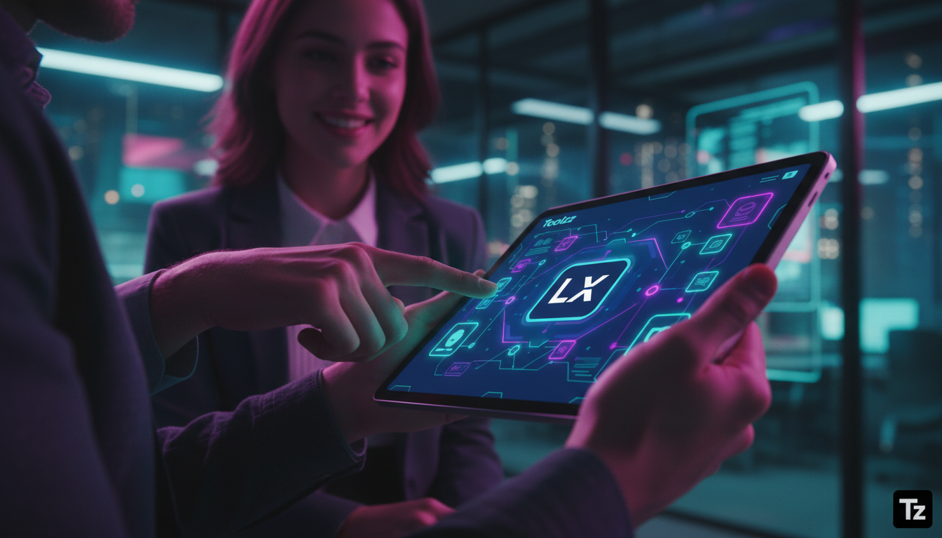 O que é Afiliados e como aplicar na Educação Corporativa — Um close-up das mãos de dois colegas de trabalho, um mostrando ao outro um curso interessante na plataforma Toolzz em um tablet. O rosto de u