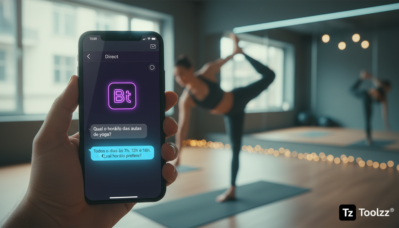 O que é Agente IA Social Media e qual seu impacto em Academias? — Close-up de um smartphone exibindo uma conversa no Instagram Direct. Um chatbot com o logo da Toolzz responde instantaneamente a uma p