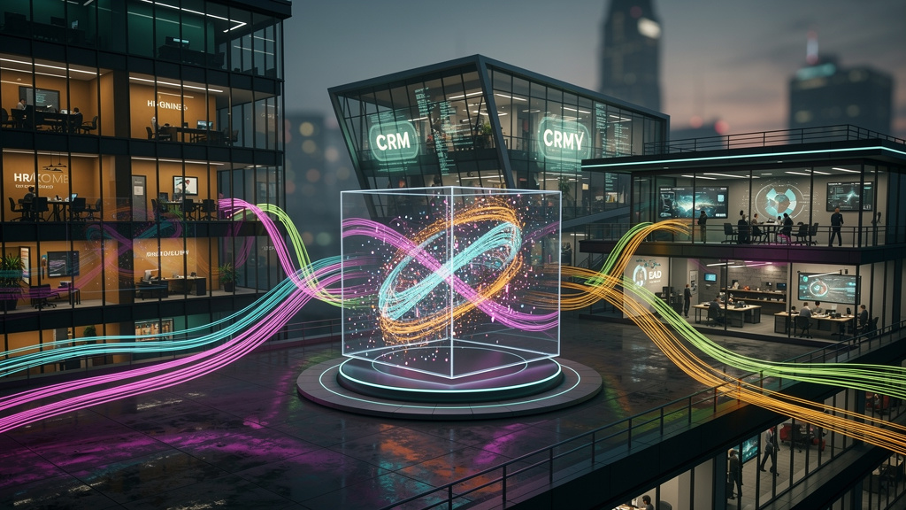 O que é API Aberta e como aplicar na Educação Corporativa — Ilustração isométrica colorida representando diferentes sistemas (RH, CRM, EAD) conectados por cabos de dados luminosos. Cada sistema é simb