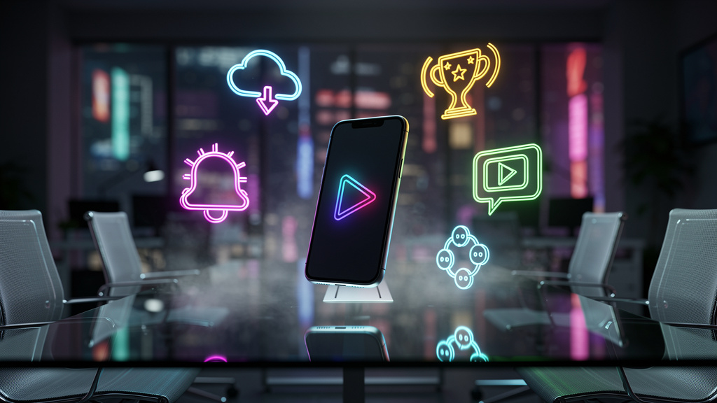 O que é App Mobile e como aplicar na Educação Corporativa? — Ilustração digital minimalista de um smartphone flutuando no espaço, com ícones representando diferentes funcionalidades de um app mobile d