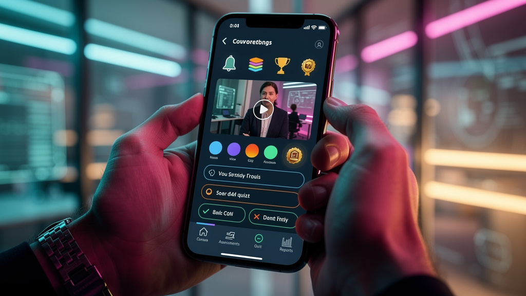 O que é App Mobile e como aplicar na Educação Corporativa? — Um close-up das mãos de um colaborador segurando um smartphone. A tela do smartphone exibe um aplicativo de educação corporativa com uma in