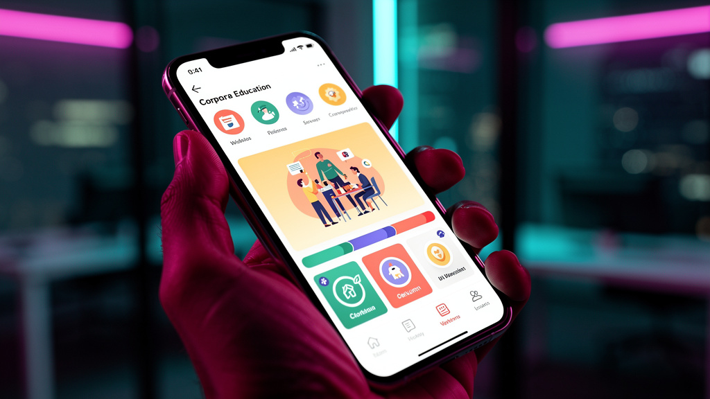 O que é App Mobile e como aplicar na Educação Corporativa — Um close-up de um smartphone mostrando a interface de um aplicativo de educação corporativa. A tela exibe um curso interativo com elementos 