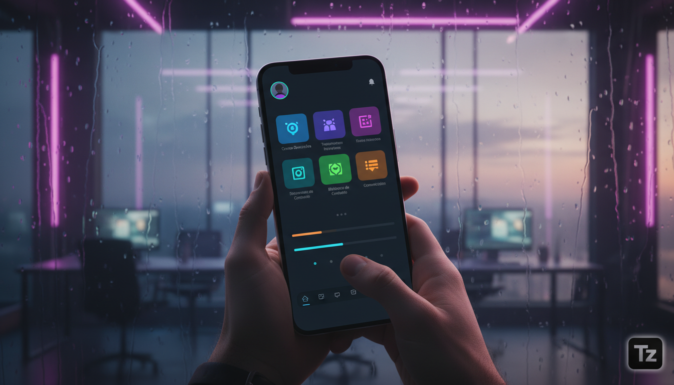 O que é App Mobile e como aplicar na Educação Corporativa/EAD? — Close-up de mãos segurando um smartphone exibindo um aplicativo de educação corporativa. O aplicativo mostra um design intuitivo com íc
