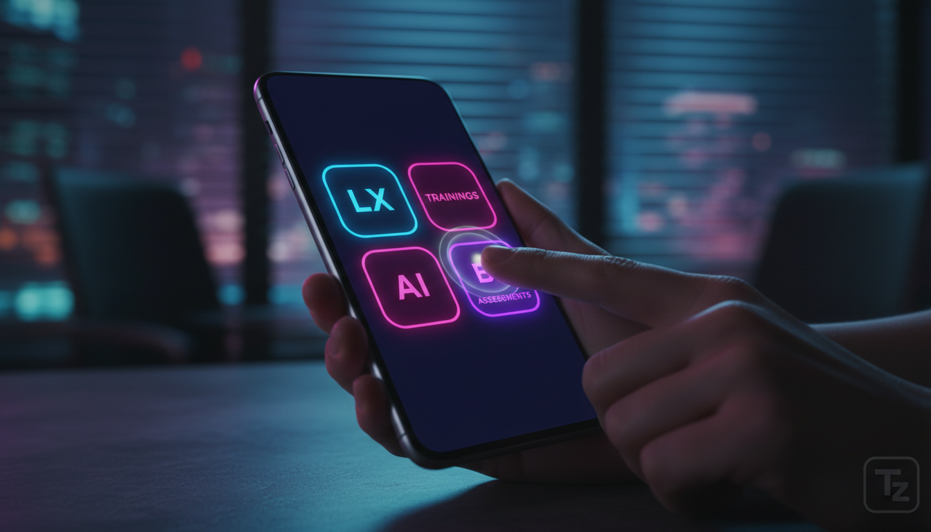 O que é App Mobile e Como Aplicar na Educação Corporativa/EAD? — Um close-up de um smartphone exibindo a interface de um aplicativo de educação corporativa. A interface é limpa e intuitiva, com ícones