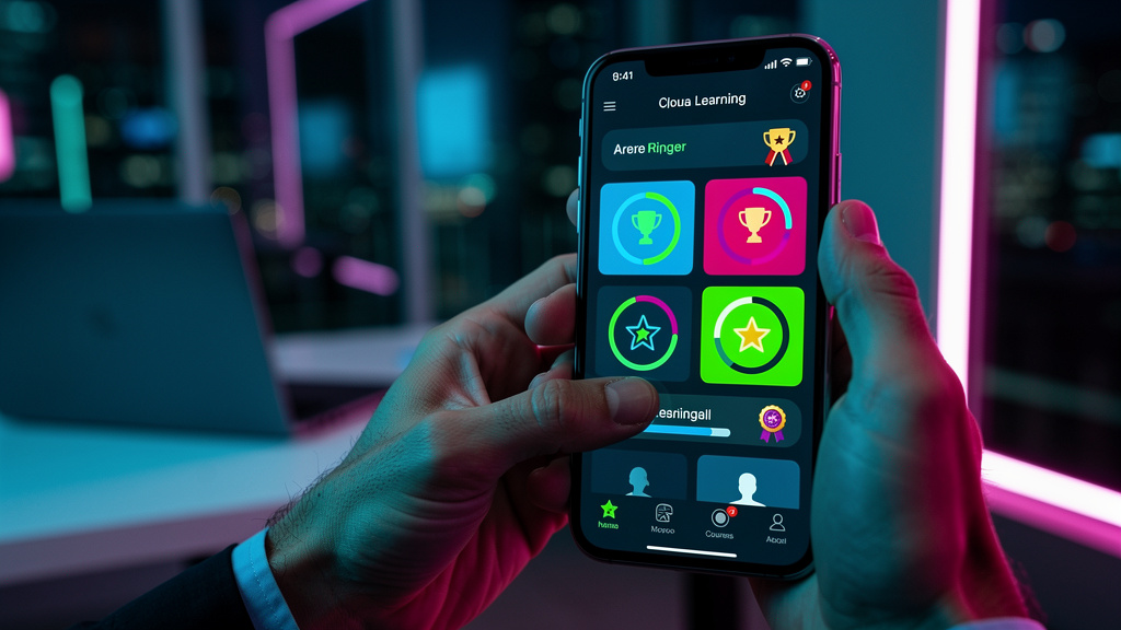 O que é App Mobile e como aplicar na Educação Corporativa/EAD? — Um close-up fotorrealista das mãos de um profissional segurando um smartphone. A tela do smartphone exibe a interface de um aplicativo 