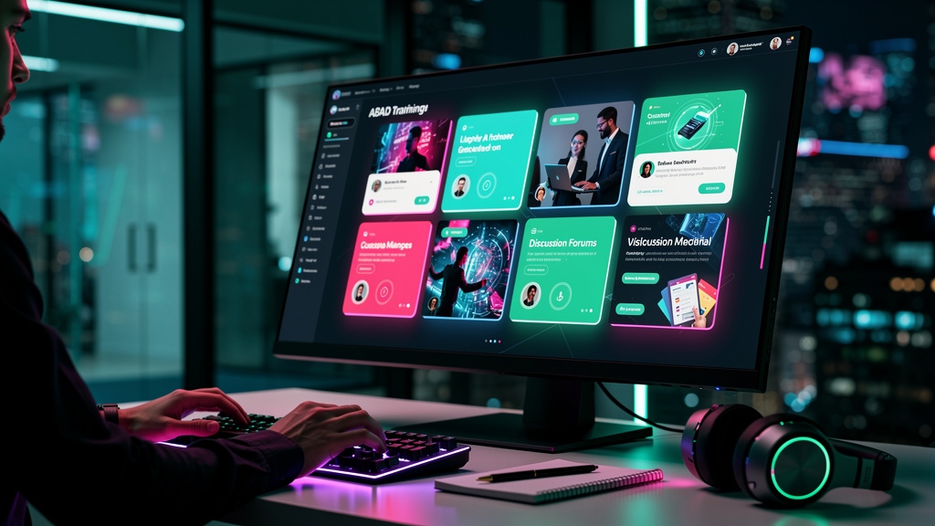 O que é Área de Membros e Como Aplicar na Educação Corporativa/EAD? — Um close-up estilizado de uma tela de computador mostrando uma interface de área de membros. Vários módulos de aprendizado são exi
