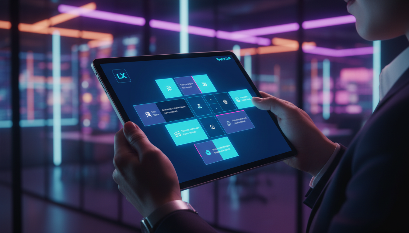 O que é Assinatura Recorrente e como aplicar na Educação Corporativa — Close-up das mãos de um profissional segurando um tablet. Na tela do tablet, a interface da Toolzz LXP exibe um catálogo de curso