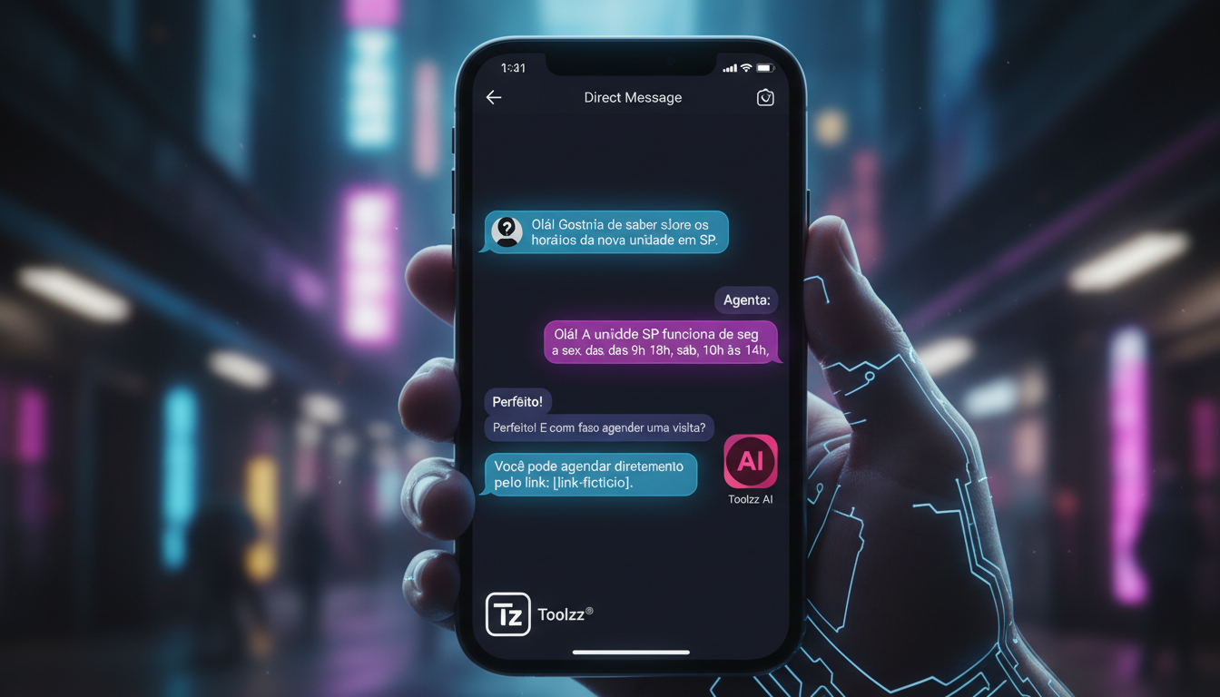 O que é automação da API do Instagram e qual seu impacto em franquias? — Close-up de um smartphone exibindo uma conversa no Instagram Direct. A conversa mostra uma interação fluida entre um cliente e 