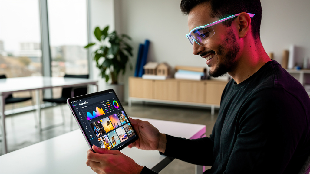 O que é Automação de Marketing no Instagram e qual seu impacto em 2024? — Um arquiteto usando óculos de design futurista, sorrindo enquanto observa um Agente AI da Toolzz em seu tablet, analisando dad